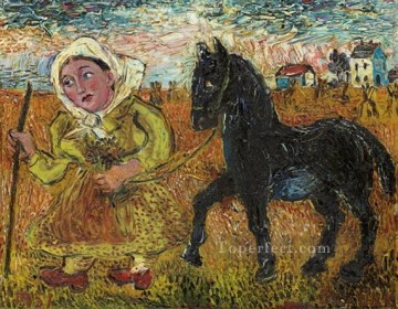 horse cats Painting - woman in yellow dress with black horse 1951 Russian